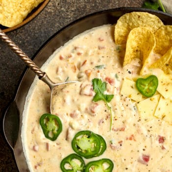 Closeup on a skillet of white queso, with chips.
