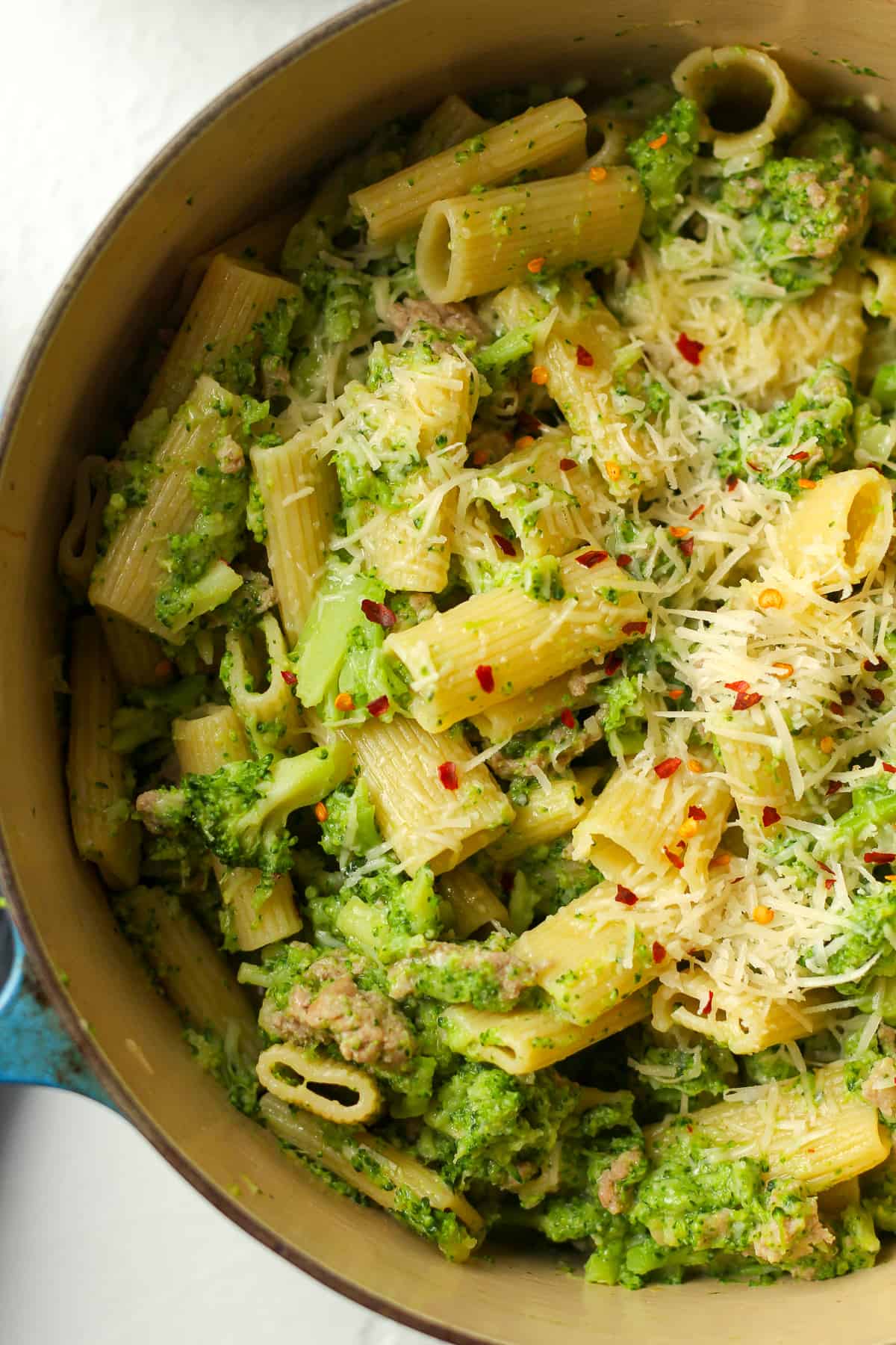 A closeup on the rigatoni with broccoli recipe.