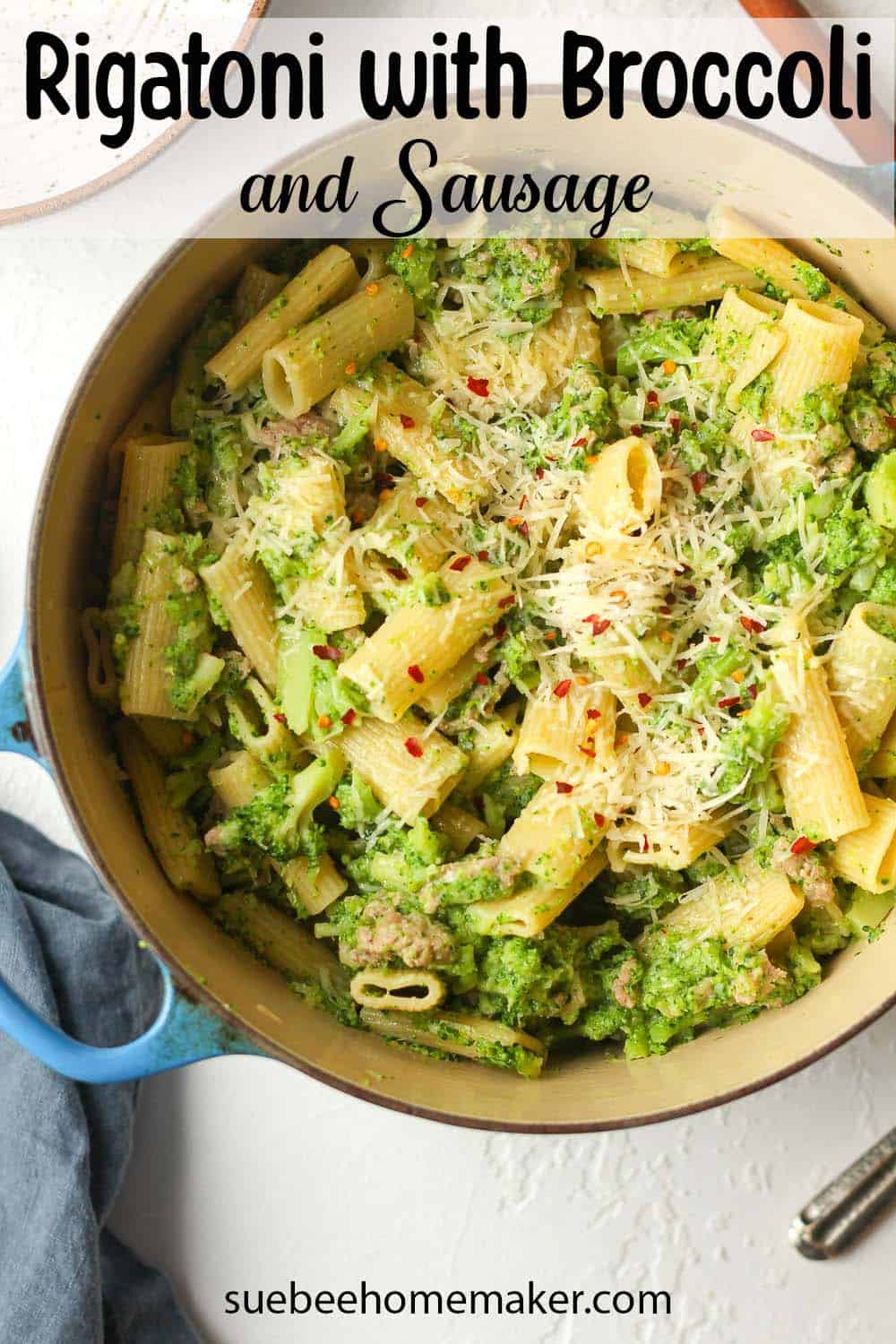 A pot of the rigatoni pasta with broccoli and sausage.