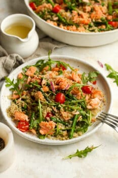 Side view of a plate of quinoa salad with salmon, and the large bowl in the background.