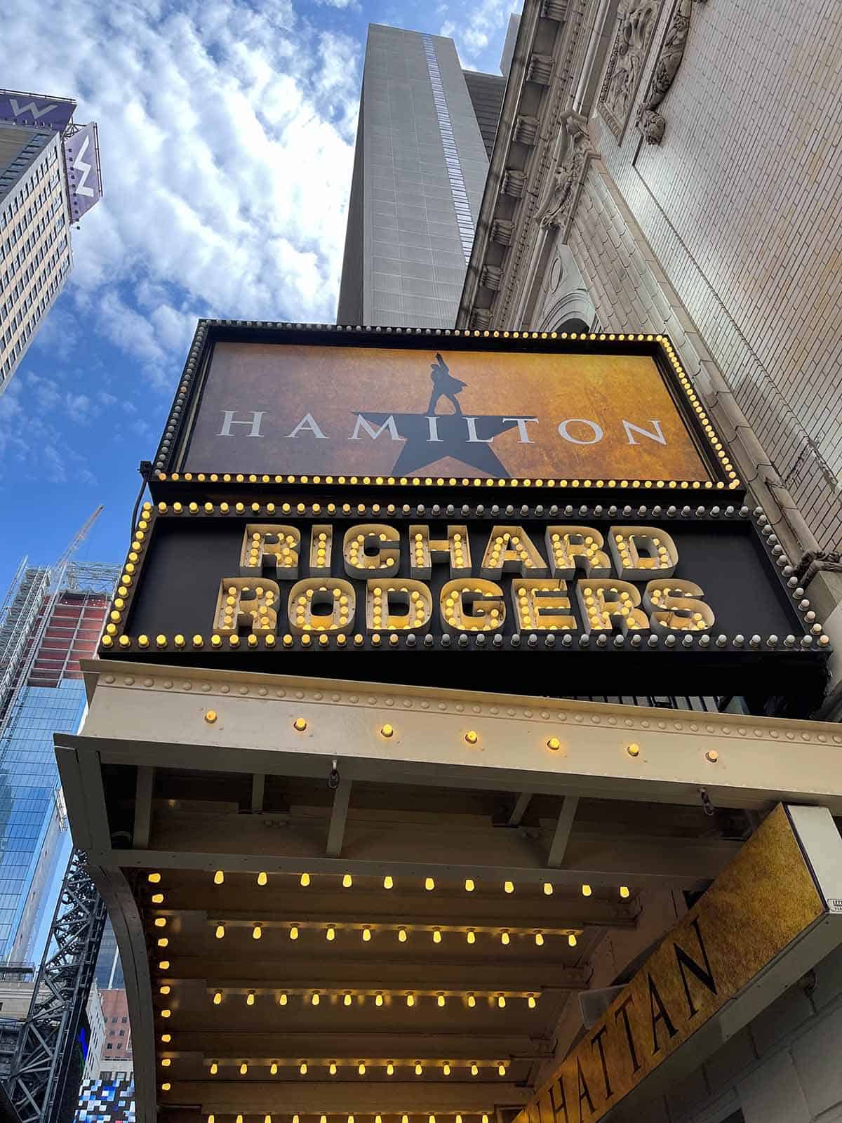 Hamilton sign in NYC.