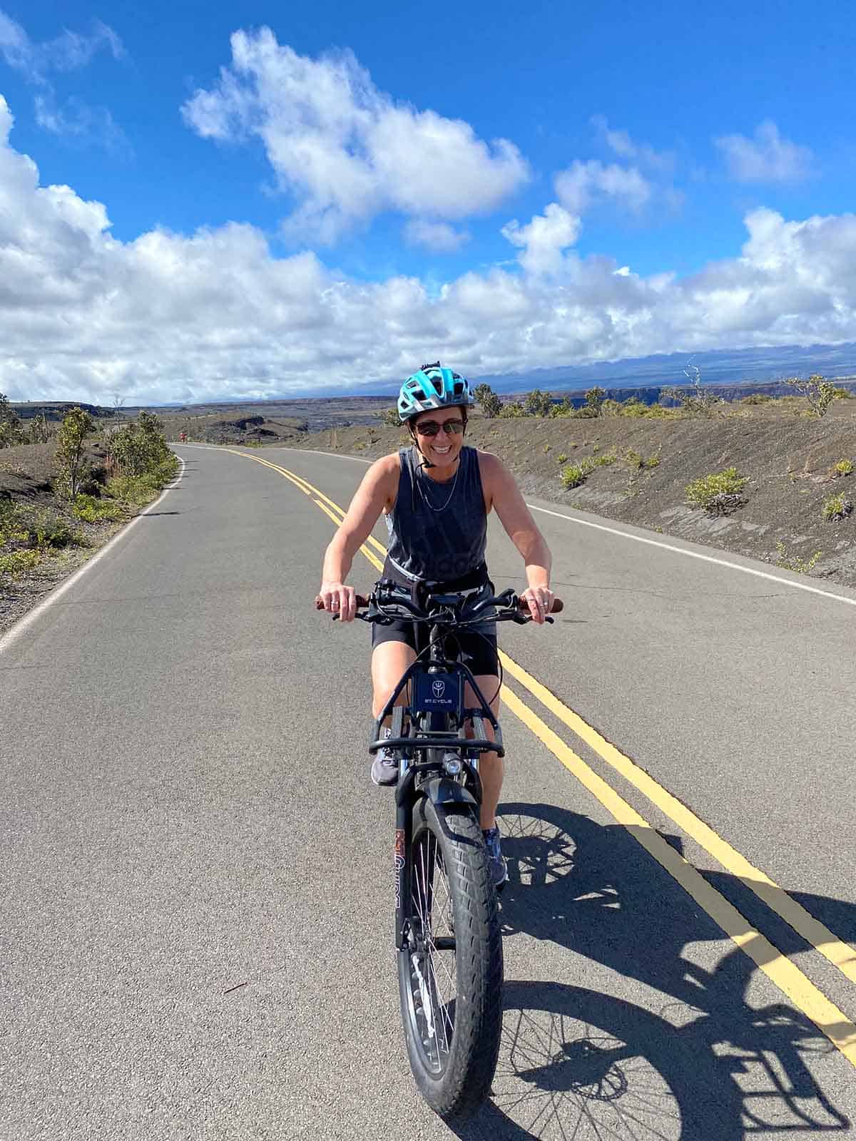 Sue riding the e-bike on our Volcano tour.