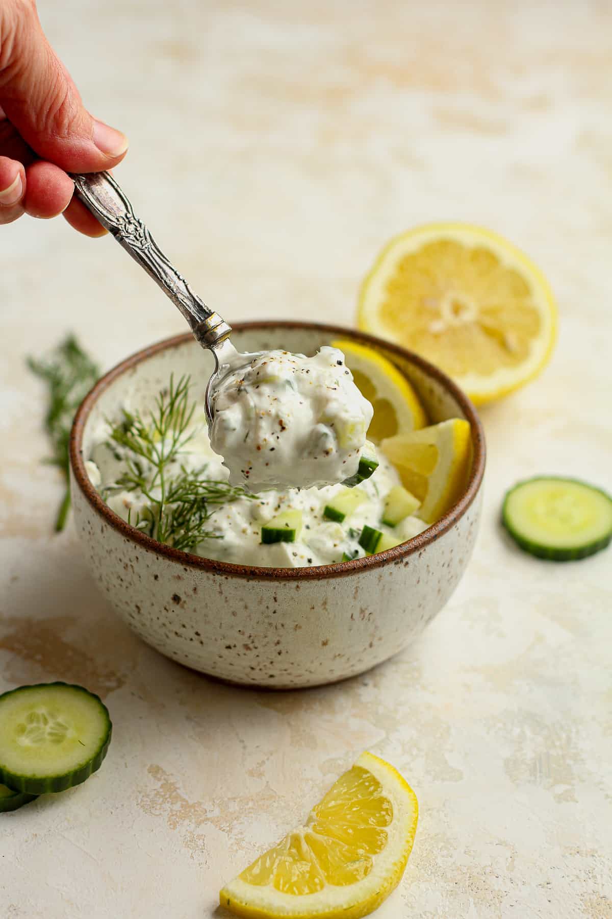 A hand holding some homemade tzatziki sauce with fresh dill.