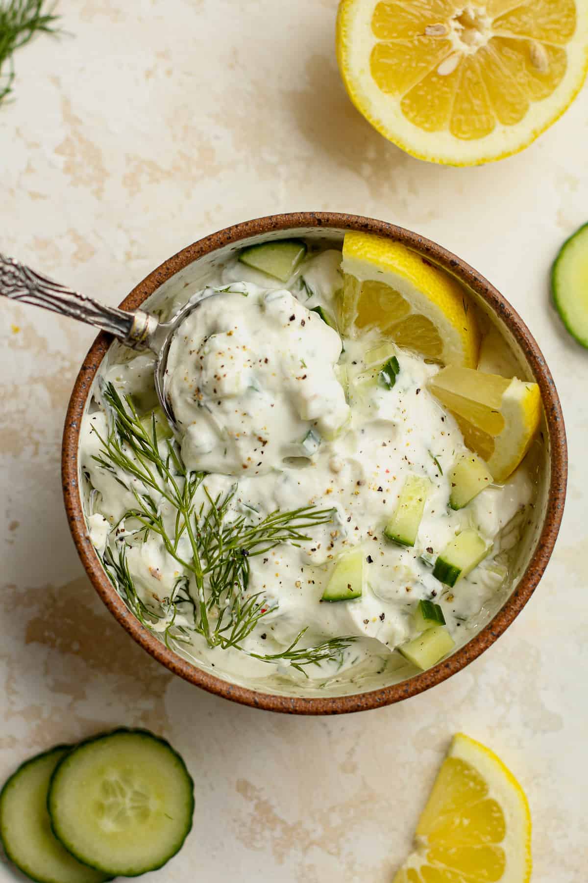 Overhead view of a bowl of tzatziki sauce.