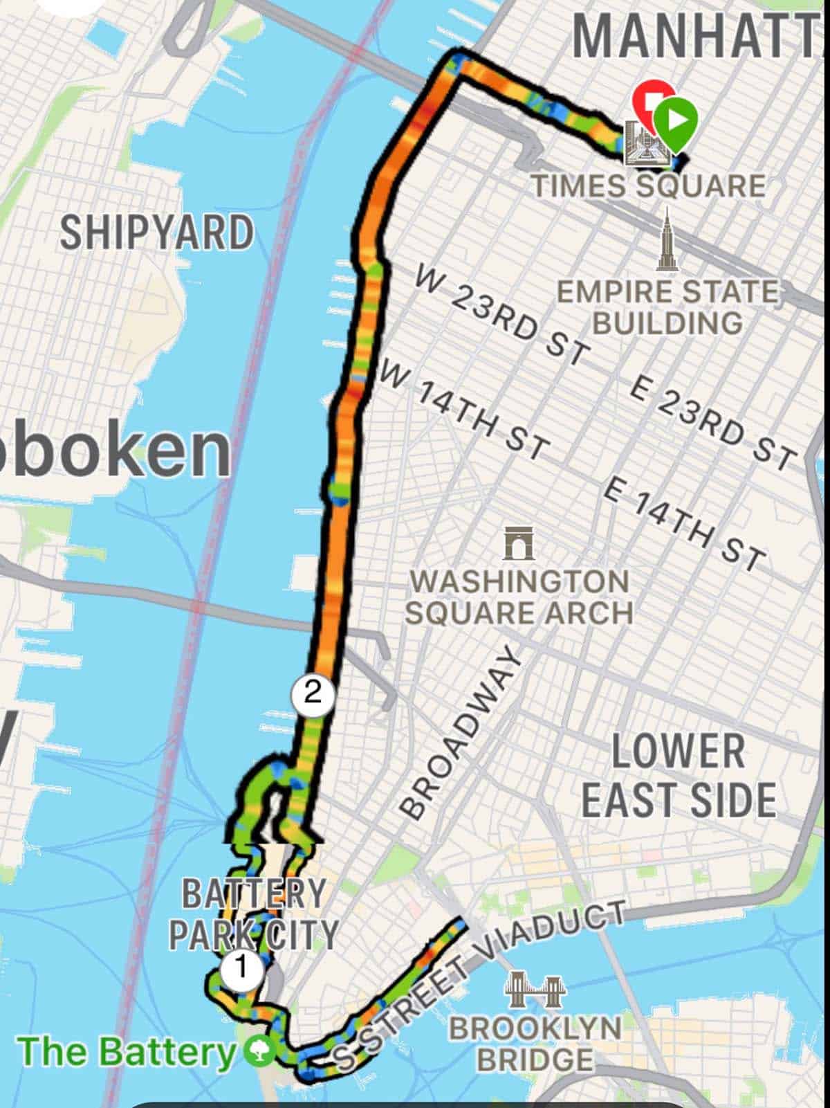 Map of the NYC ride south of Times Square.