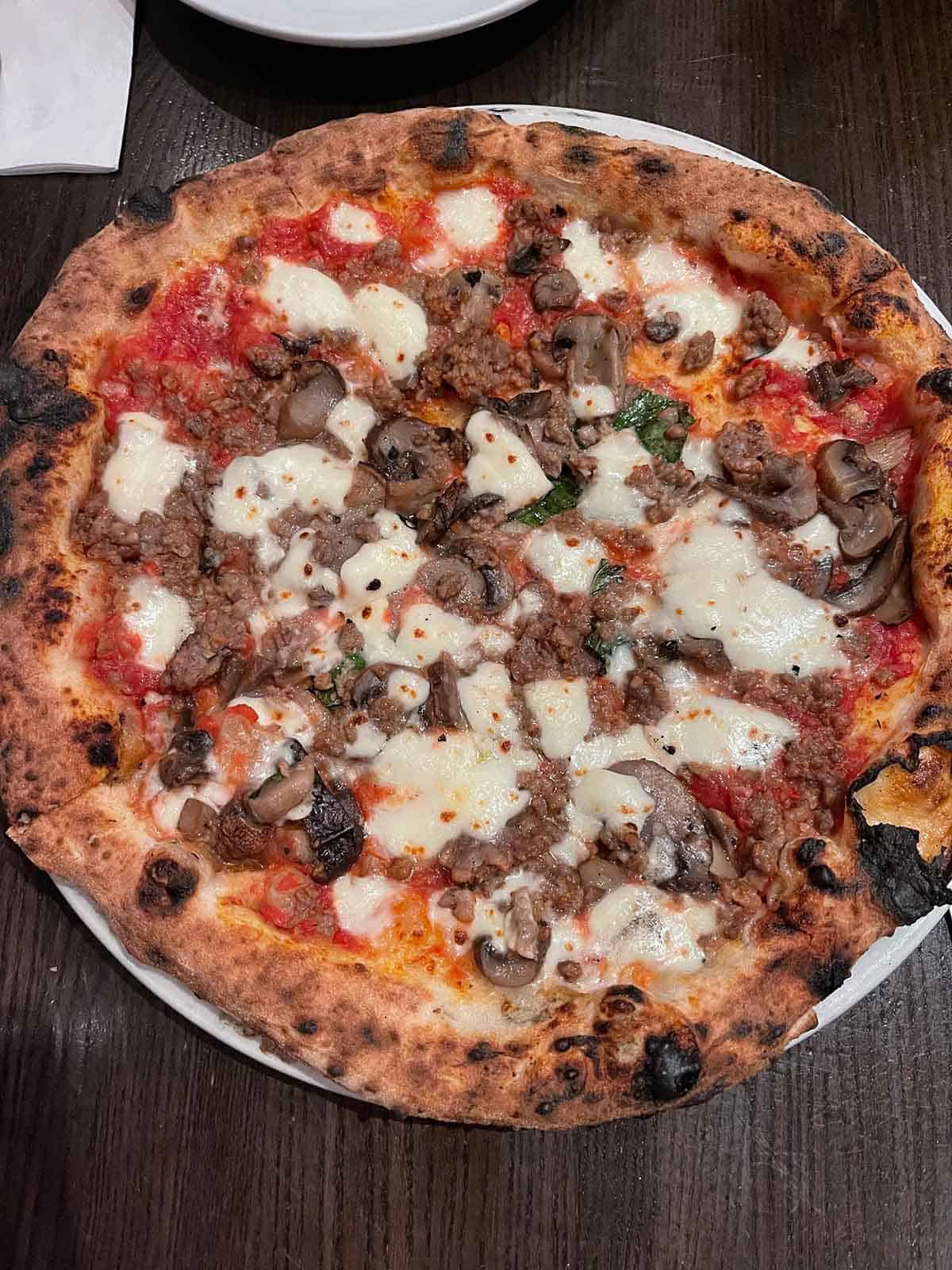 A sausage and mushroom pizza.