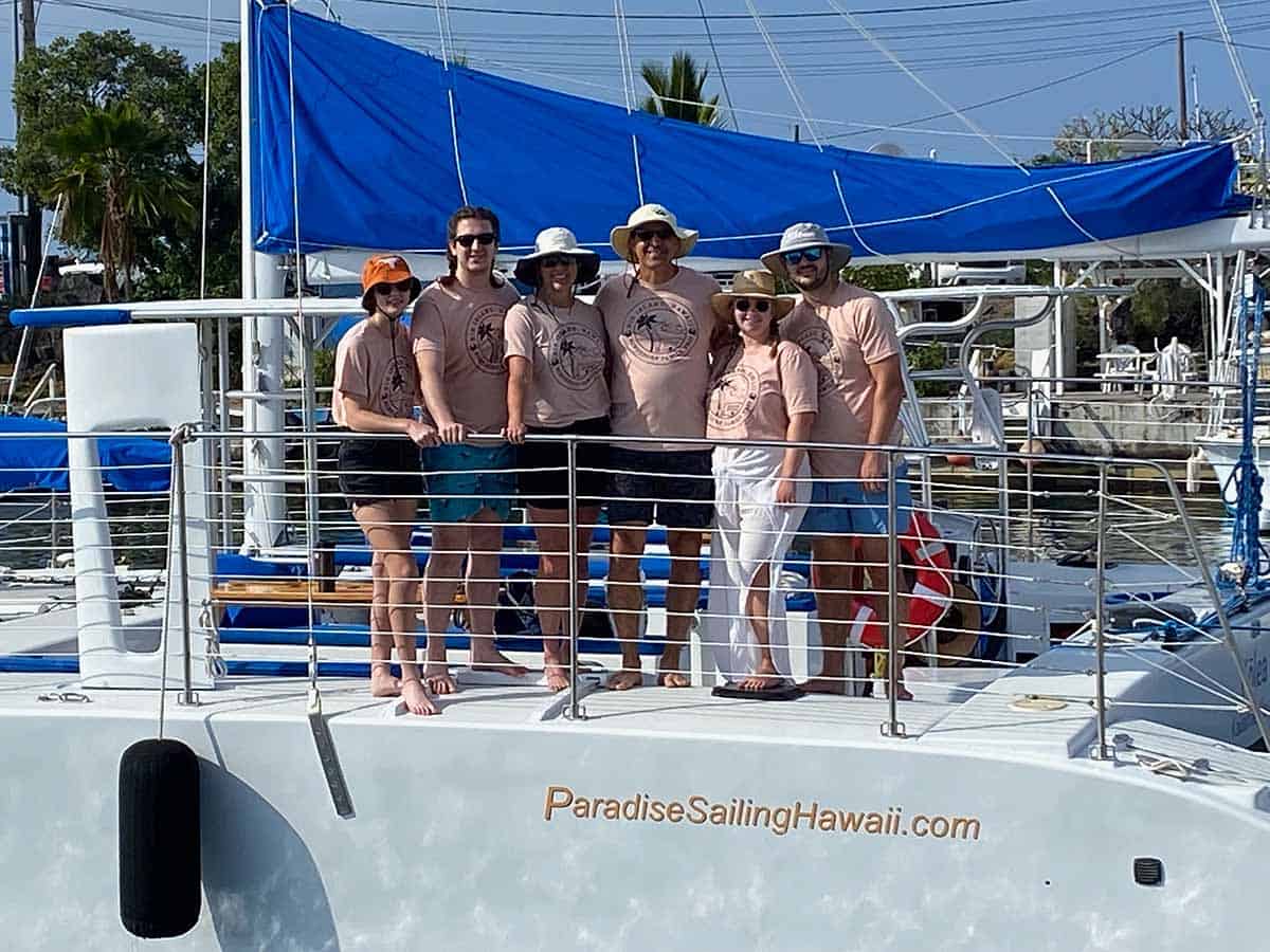 The six of us on a catamaran.