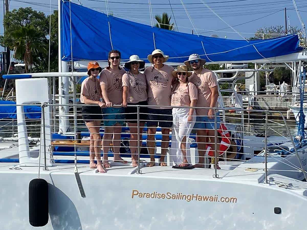 The six of us on a boat in Hawaii before we went sailing.