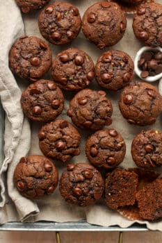 A tray of chocolate zucchini muffins with chocolate chips on top.
