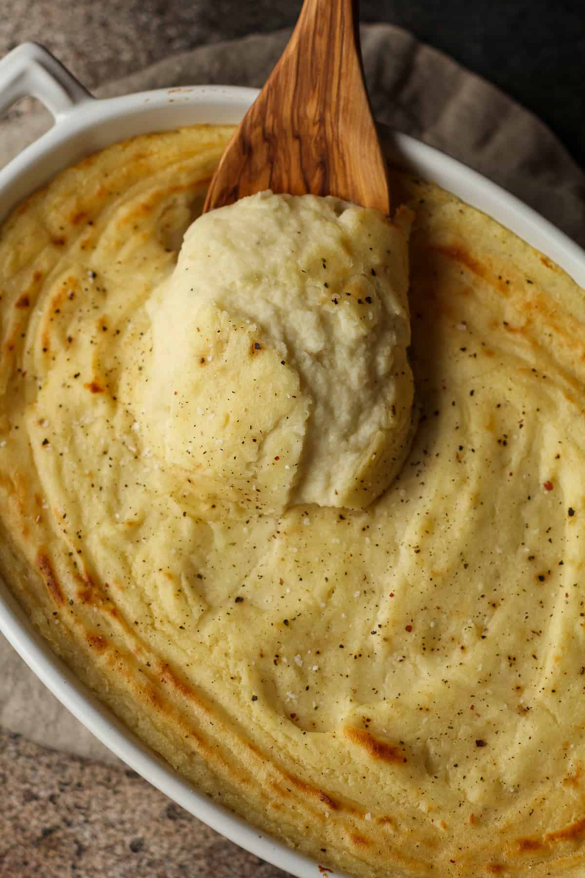 Overhead shot of a scoop of mashed potatoes.
