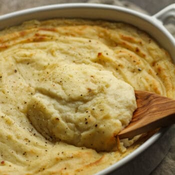 Side view of a spoonful of creamy holiday mashed potatoes,