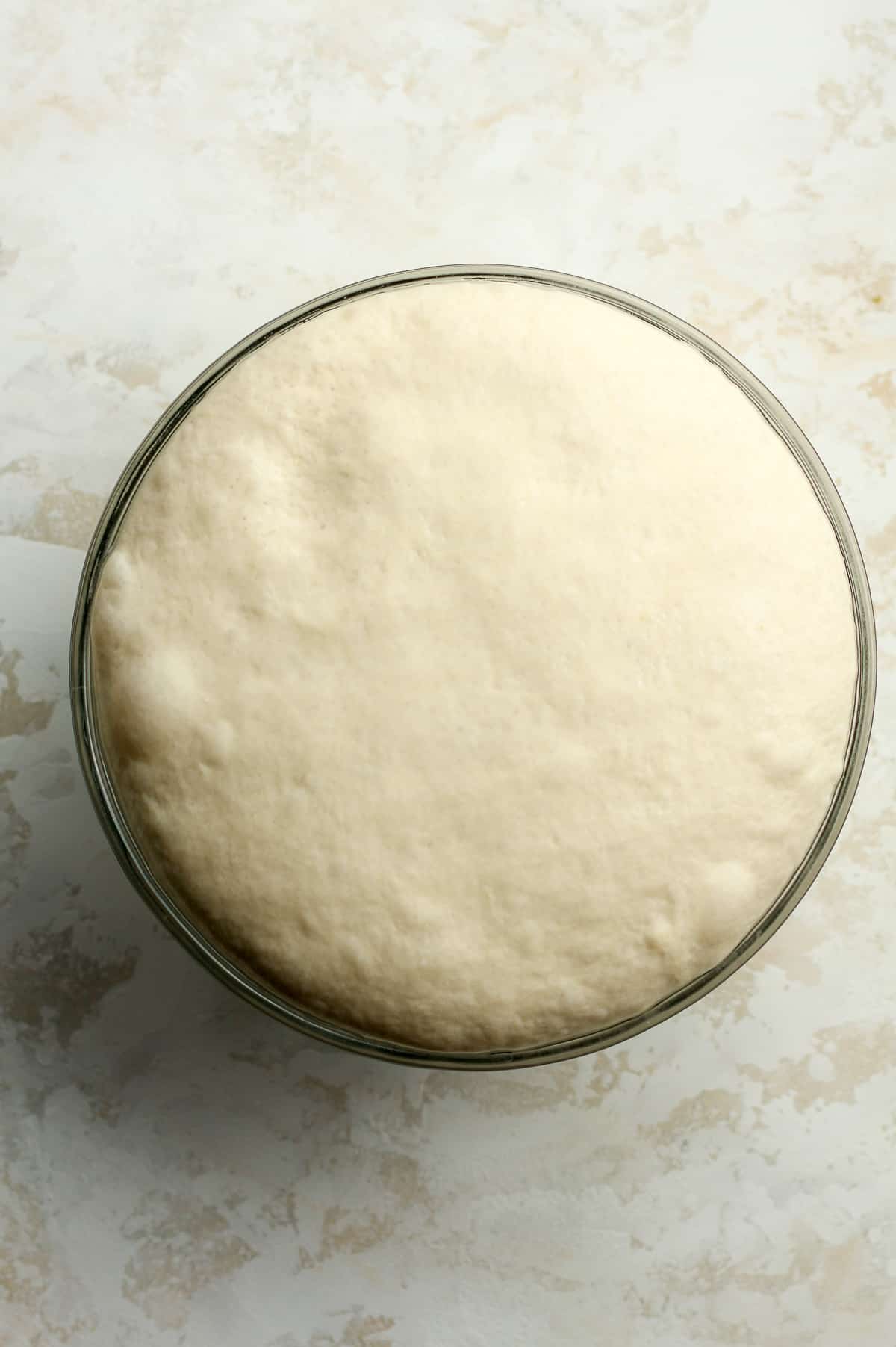 Overhead shot of the just raised pizza dough.