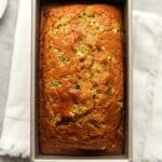 A pan of just baked honey zucchini bread.