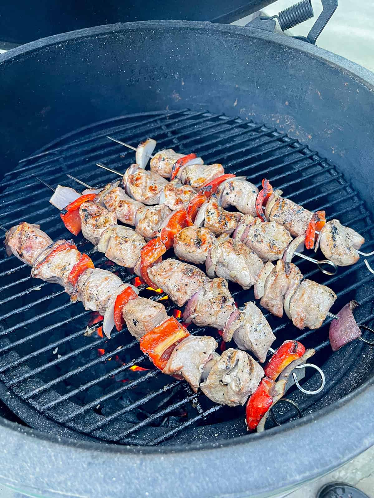 The big green egg with the kabobs.
