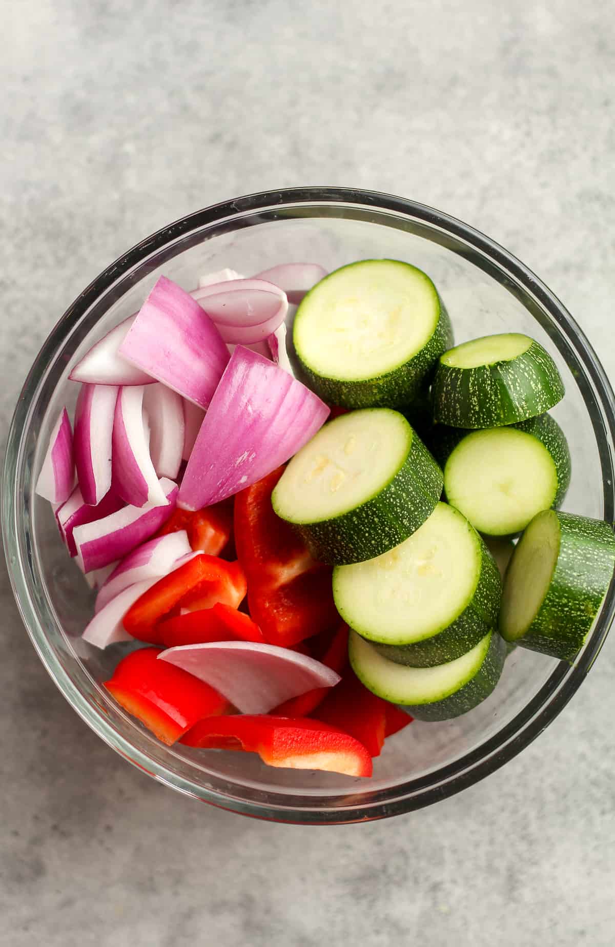 A bowl of the chopped veggies for the kabobs.