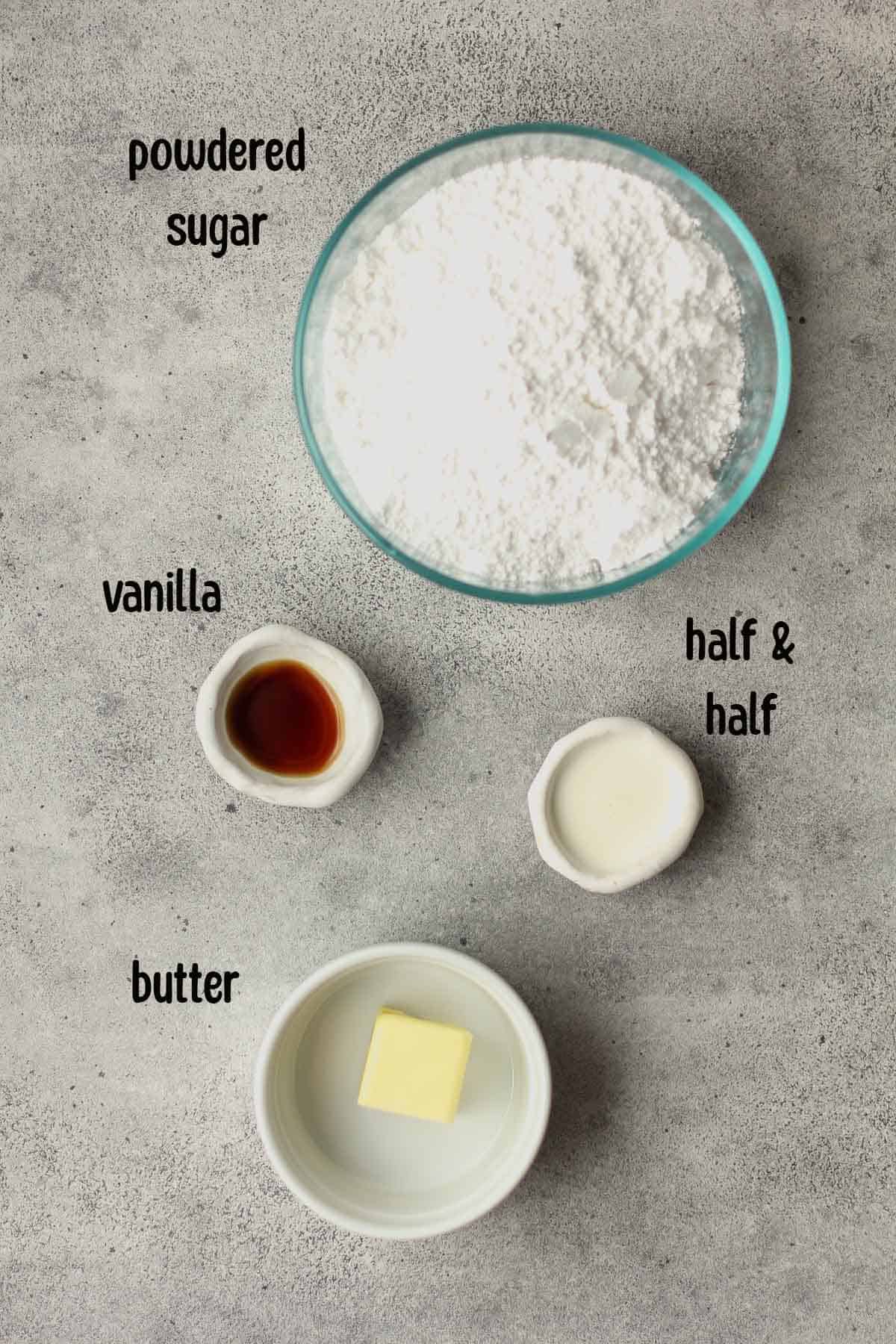 Ingredients for the powdered sugar frosting.