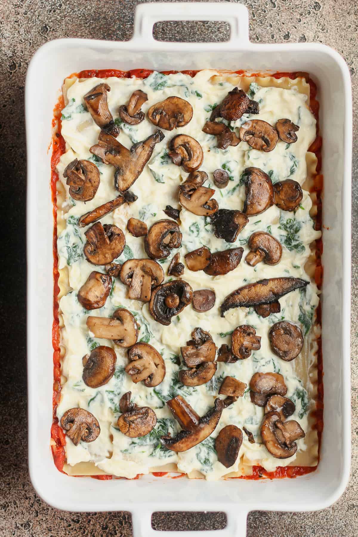The layers with mushrooms on top.