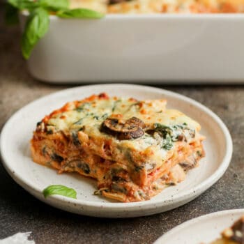 A side view of a serving of spinach ricotta lasagna.