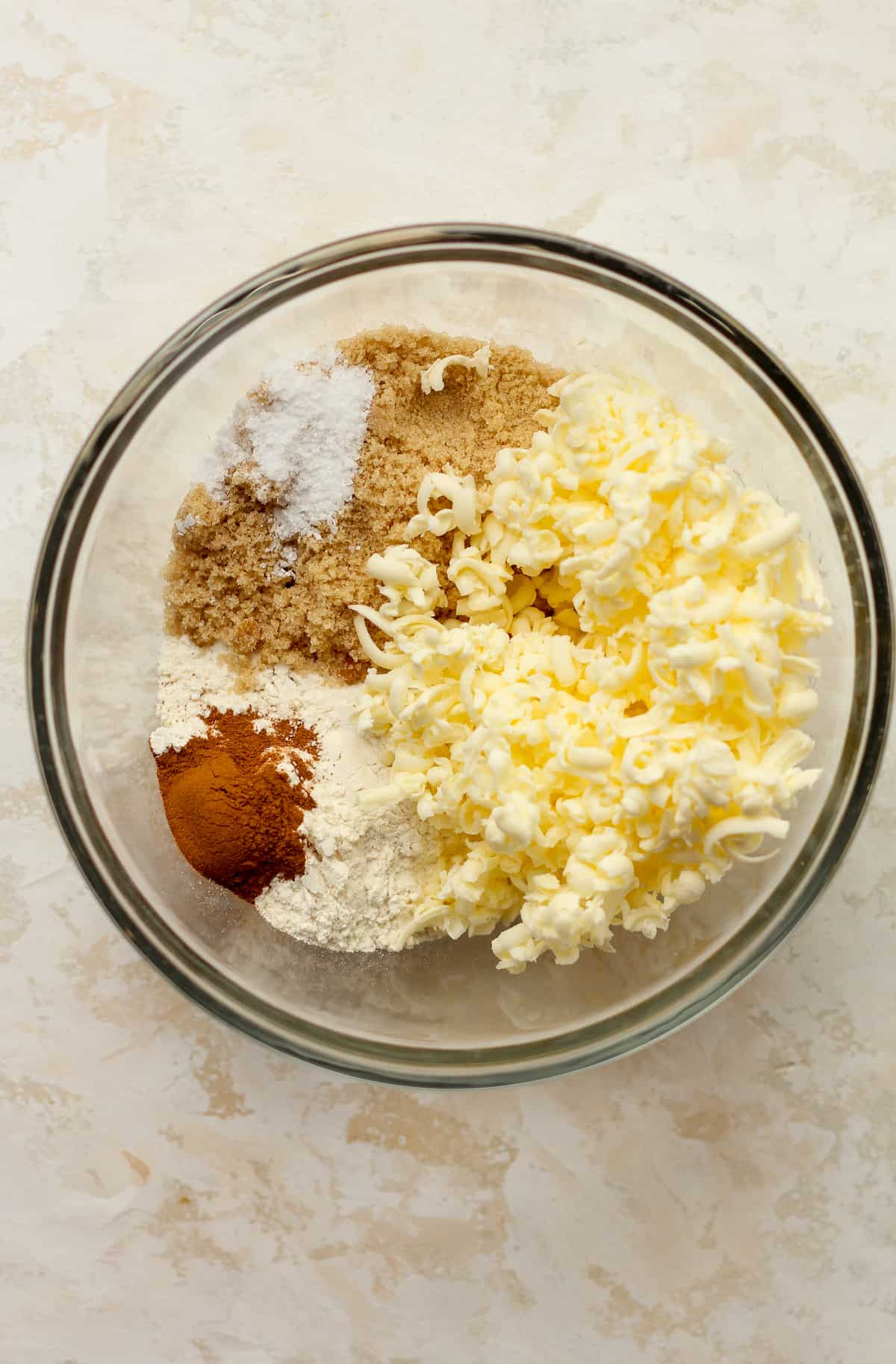A bowl of the crumble topping ingredients.