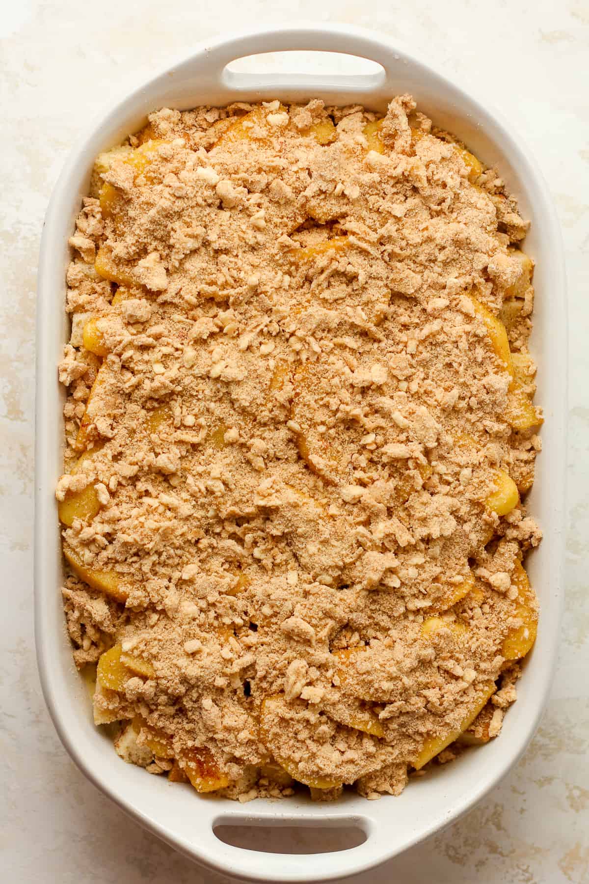 The French toast casserole ready to bake.