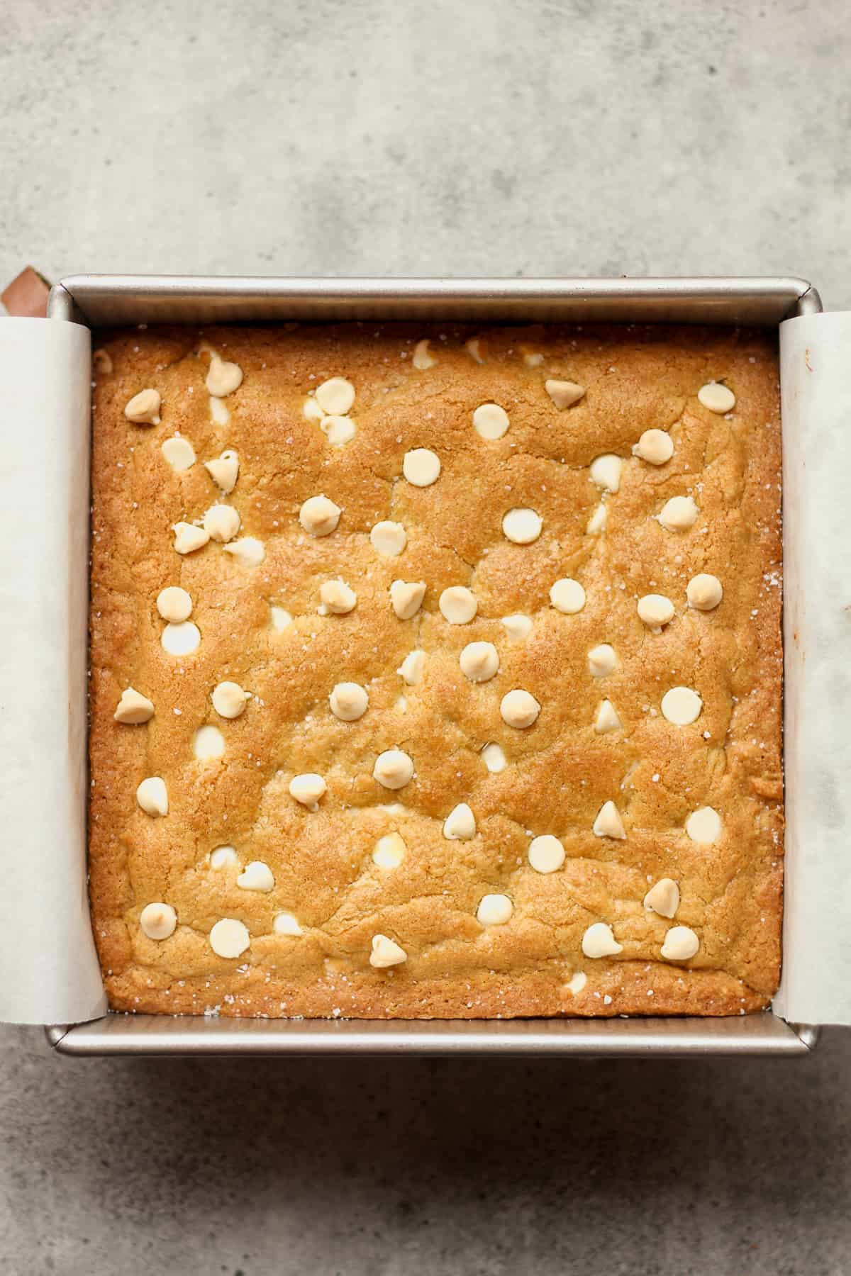 A square pan of brown butter white chocolate blondies, just baked.