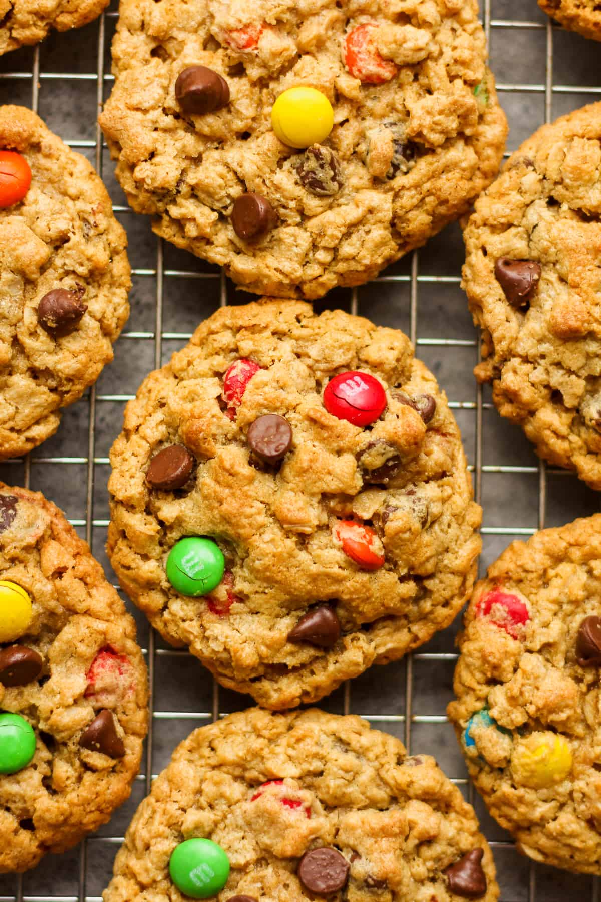 Closeup of several monster cookies.