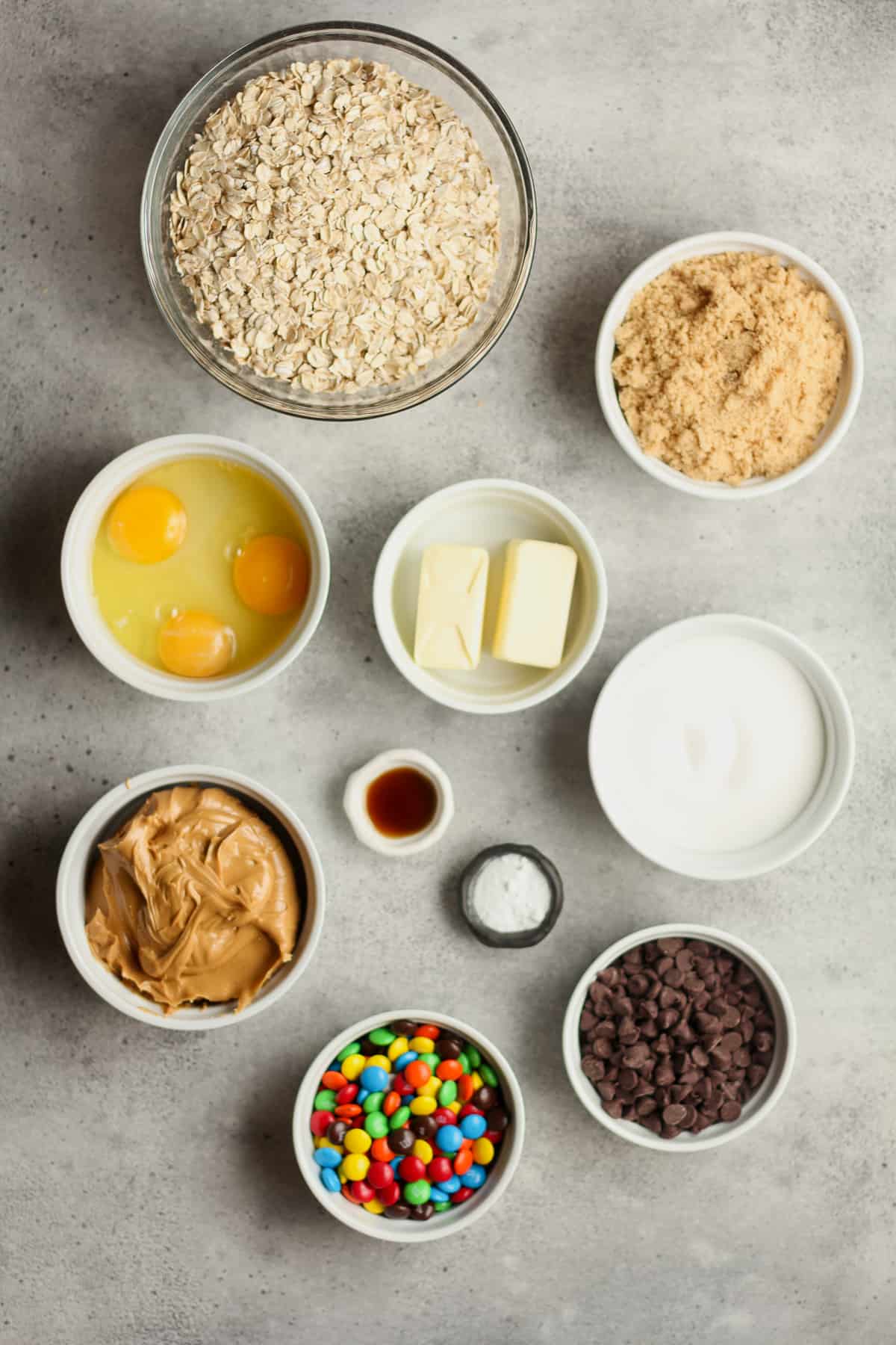 Bowls of the ingredients for the monster cookies.