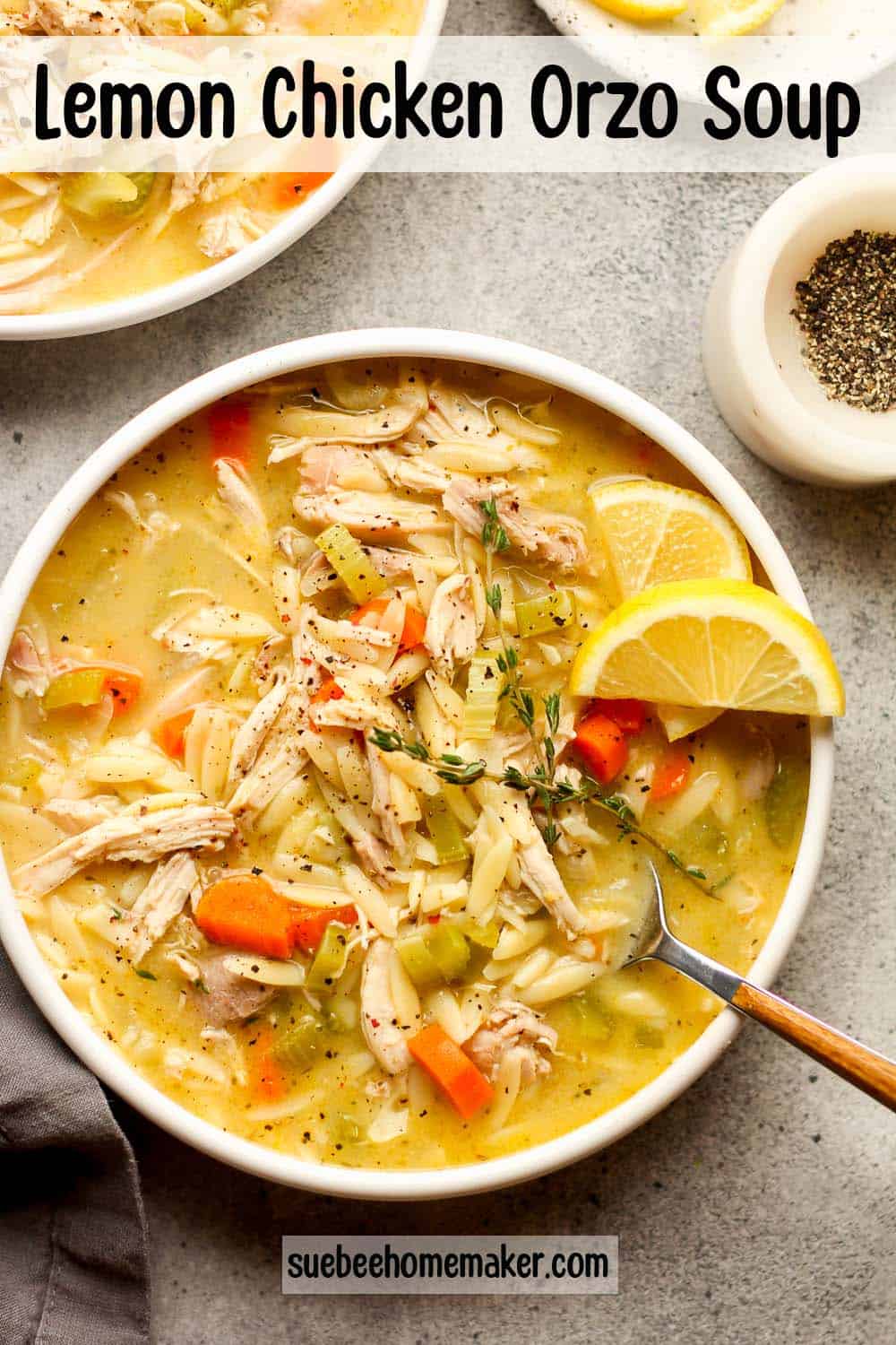 Overhead shot of a bowl of lemon chicken orzo soup with lemon slices.