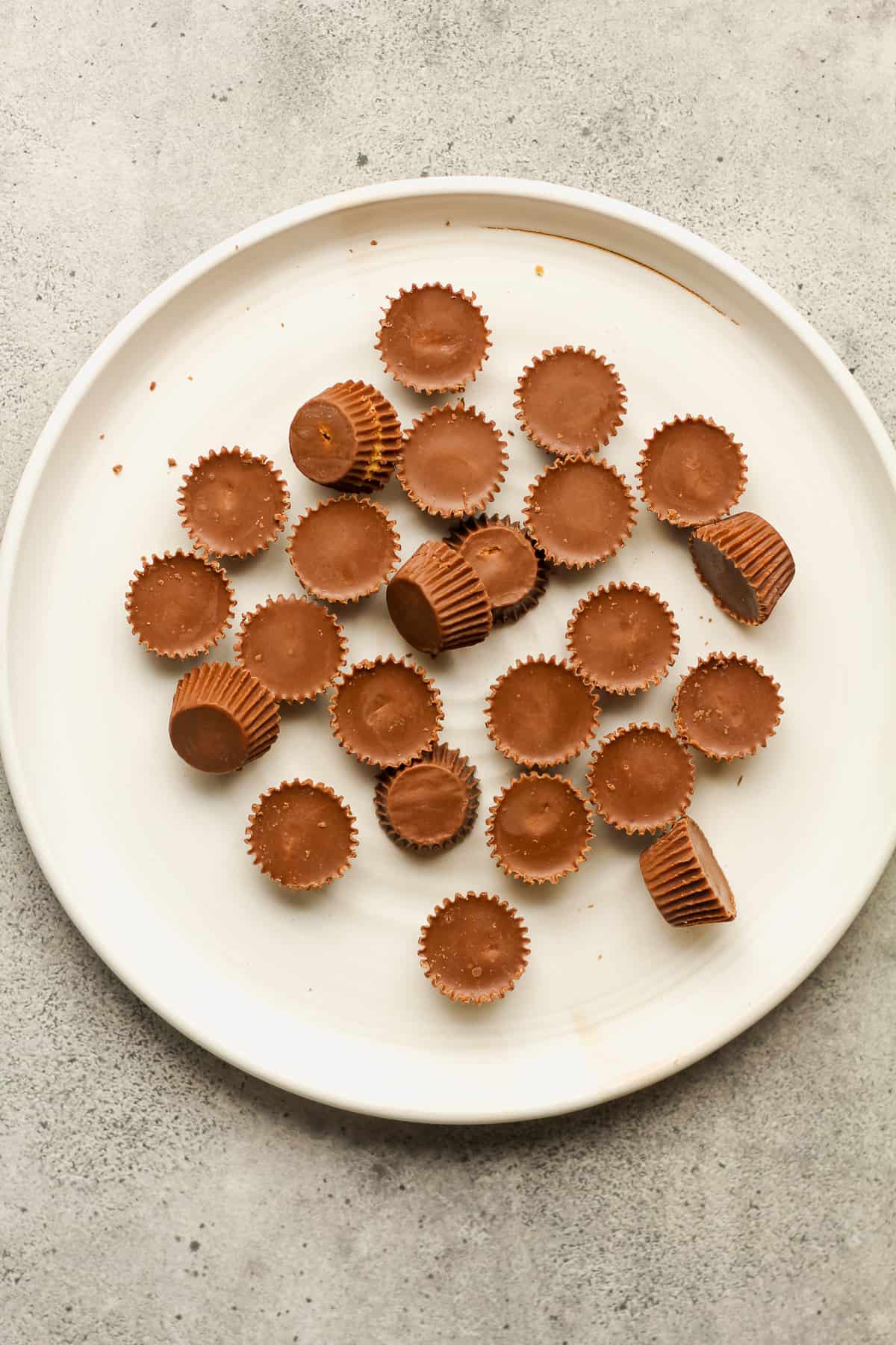 A plate of mini Reese's peanut butter cups.
