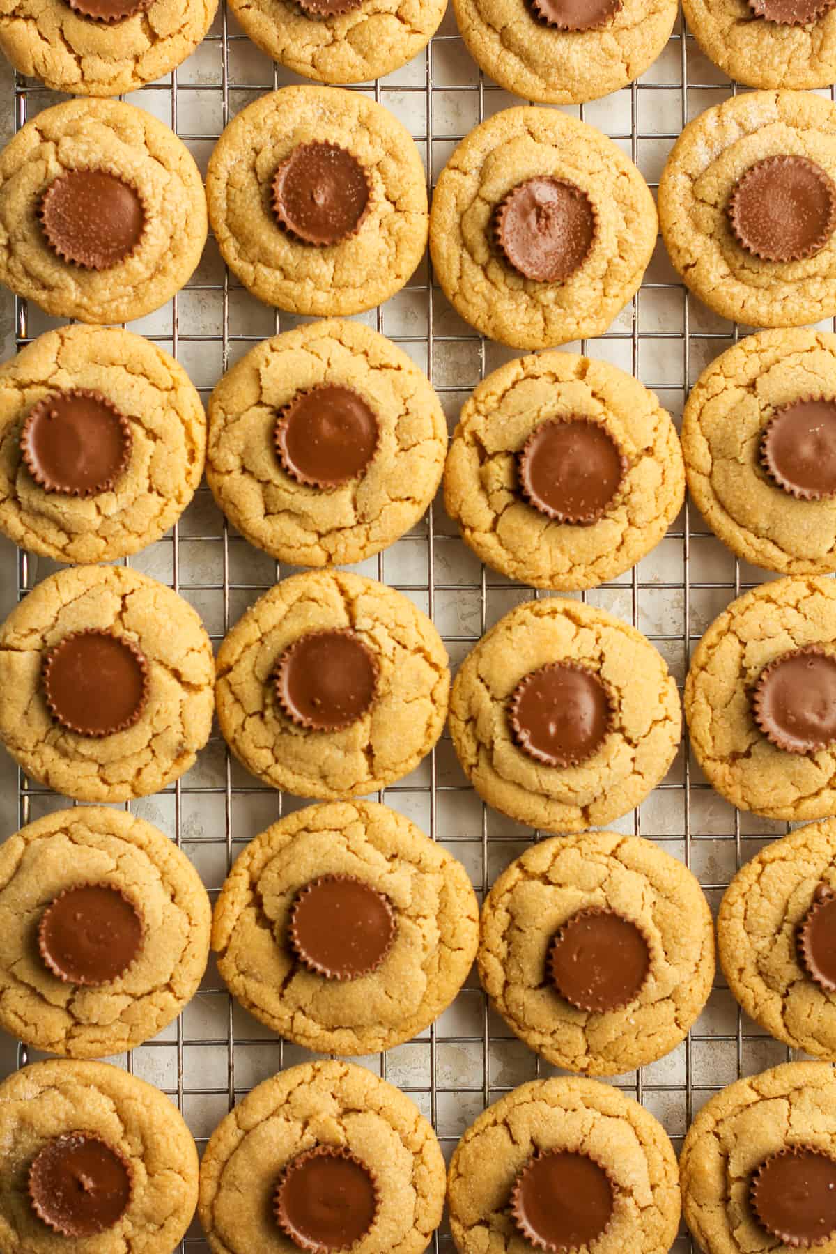 A cooling rack with peanut butter blossoms.
