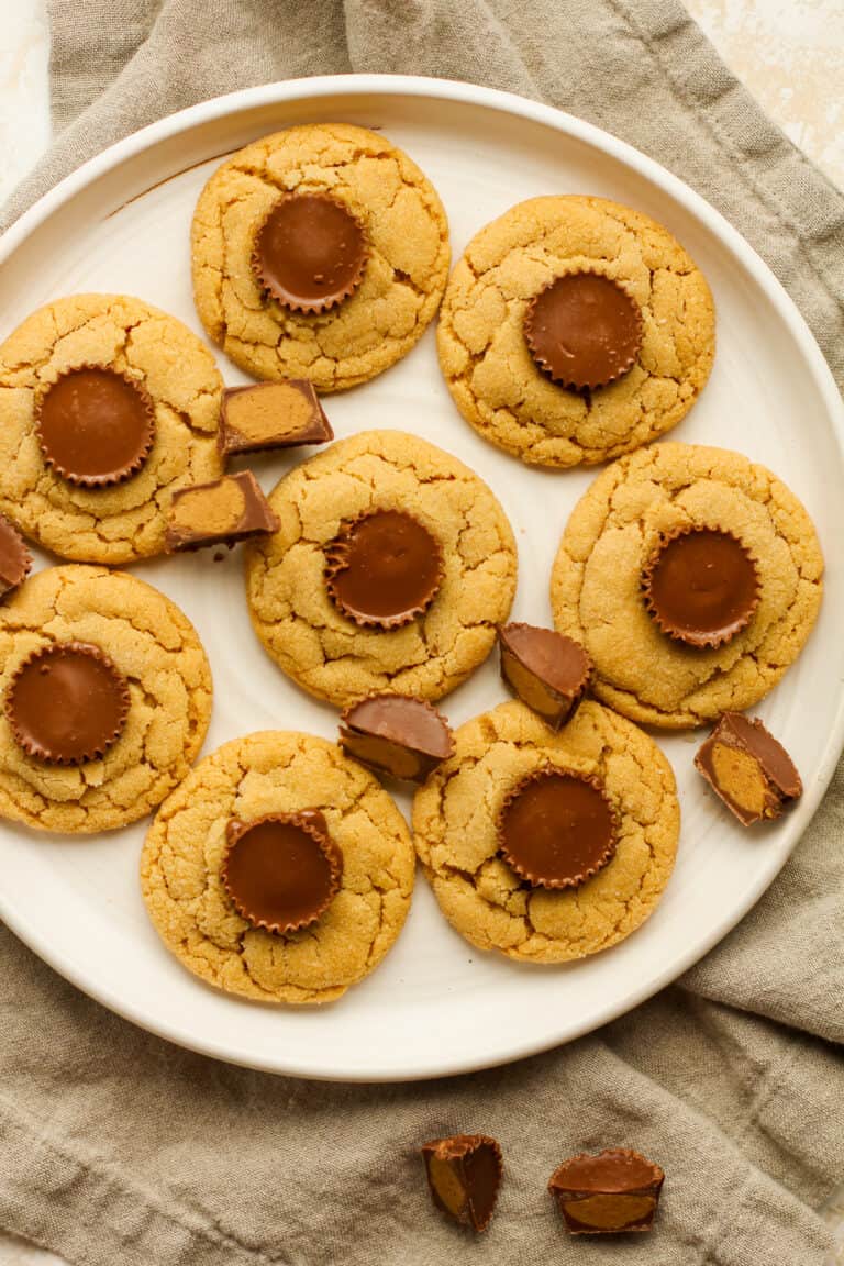 A plate of peanut butter blossoms with Reese's cups.