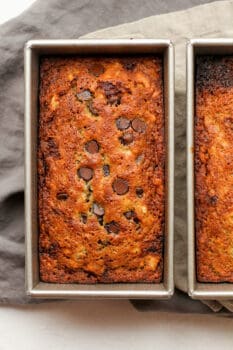 A pan of easy banana bread with chocolate chips.