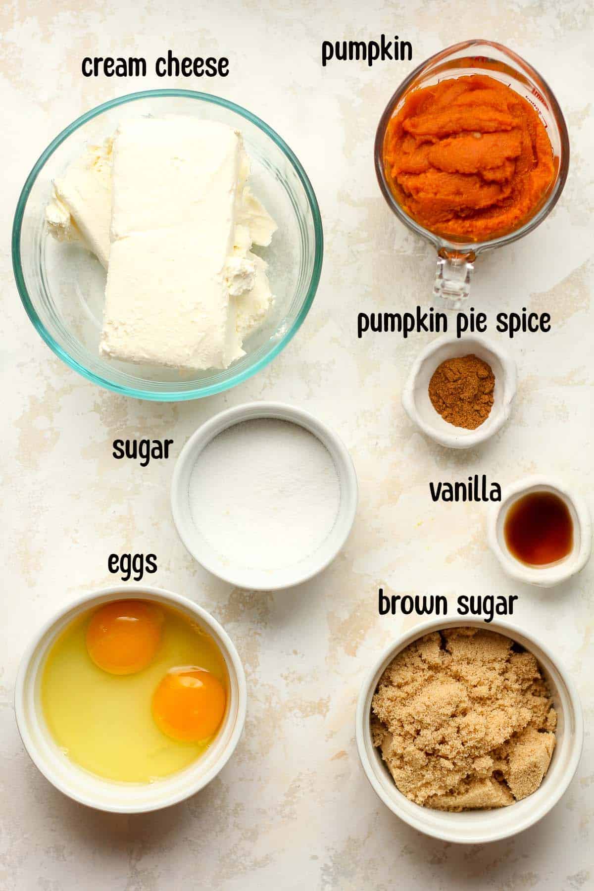 The labeled ingredients for the pumpkin cheesecake filling.