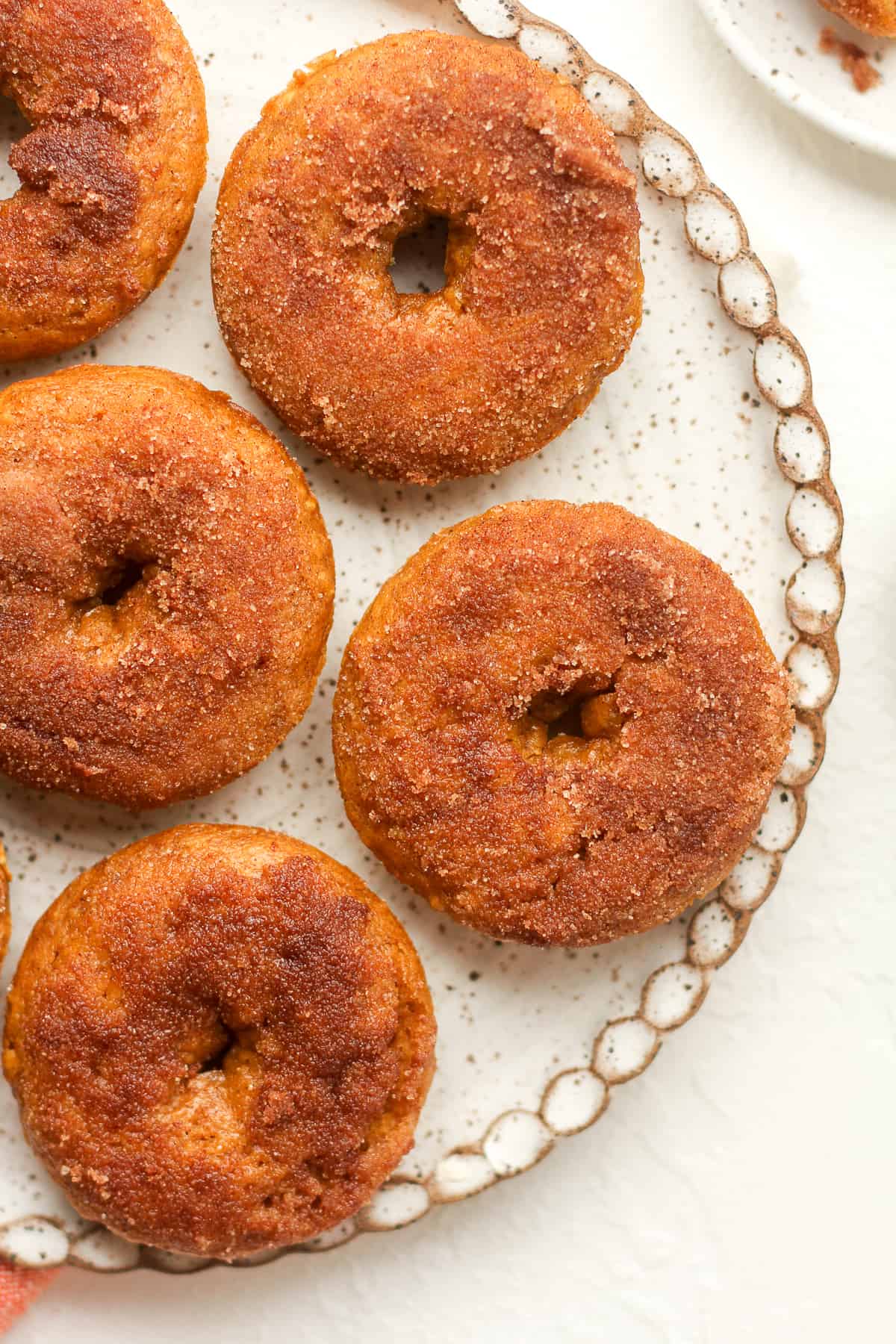 A plate with several pumpkin donuts.