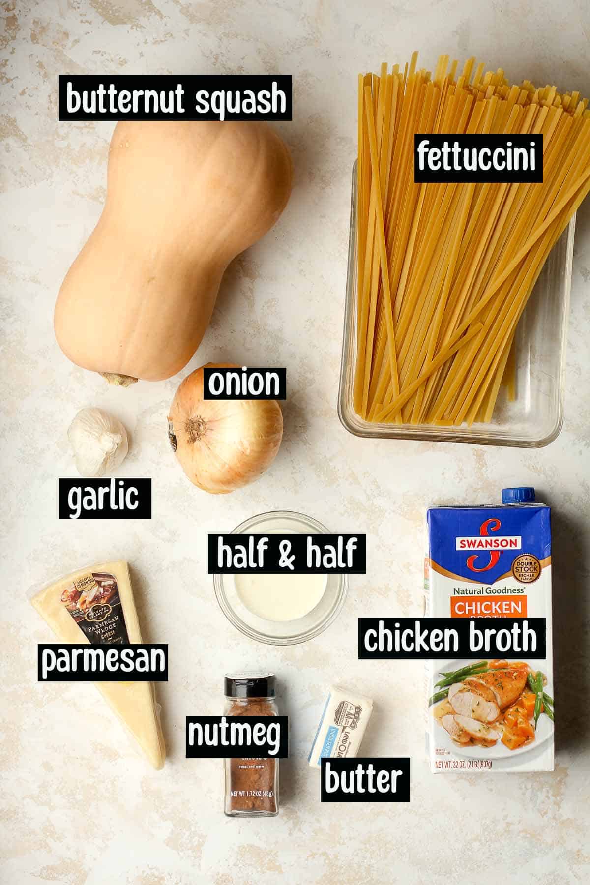 Ingredients for the roasted butternut squash pasta.