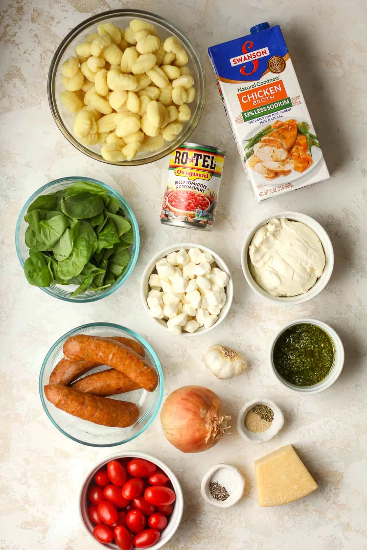 The ingredients for the sausage and gnocchi skillet recipe.