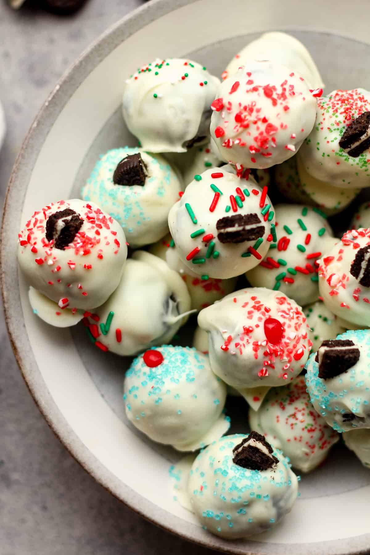 Closeup shot of a bowl of Oreo truffles.