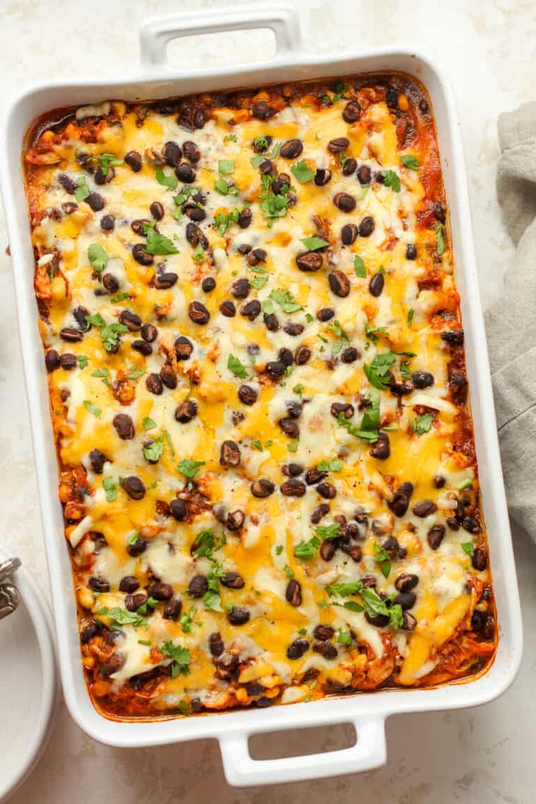 A large casserole of Mexican chicken and sweet potatoes.