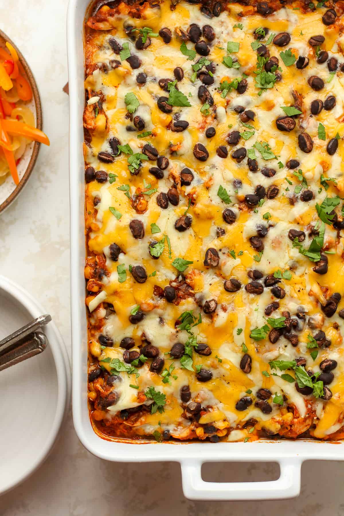 Closeup of a Mexican sweet potato casserole with cilantro on top.