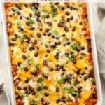 A large casserole of Mexican sweet potatoes and chicken.
