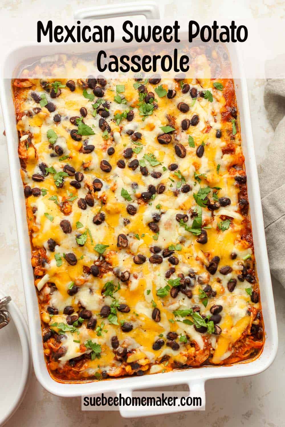 A large casserole of Mexican sweet potatoes and chicken.