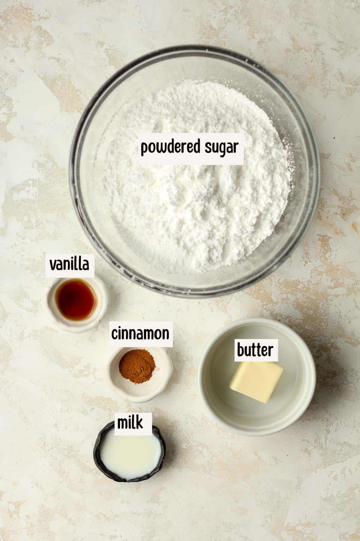 The cinnamon icing ingredients, labeled.
