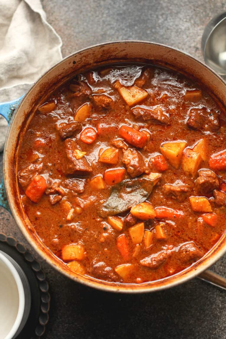 Overhead shot of a dutch oven of beef stew.