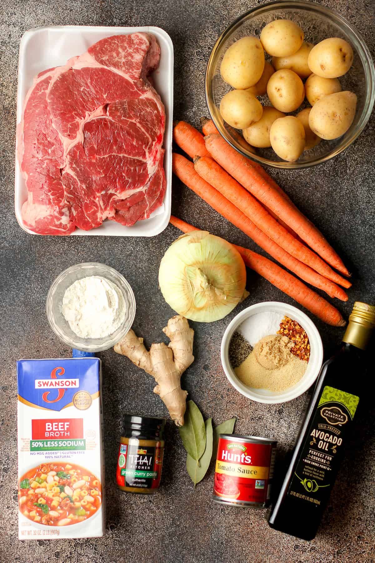 Ingredients for the curry beef stew.