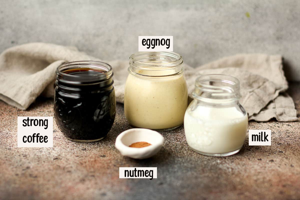 Labeled ingredients for eggnog lattes.