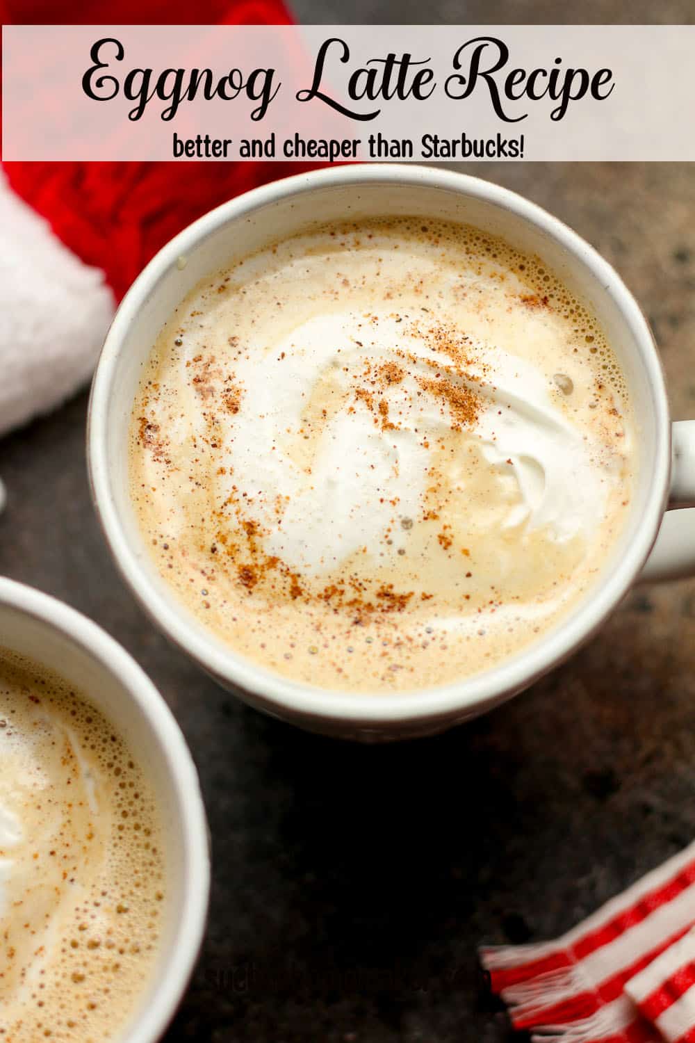 Two mugs with eggnog latte and a sprinkle of nutmeg.
