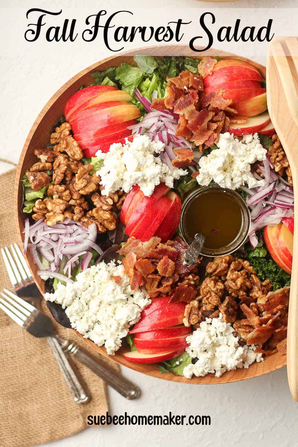 Overhead view of a wooden bowl of the Fall Harvest Salad with Honey Balsamic Dressing.