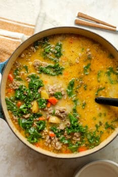 A large pot of healthy Zuppa Toscana with kale.