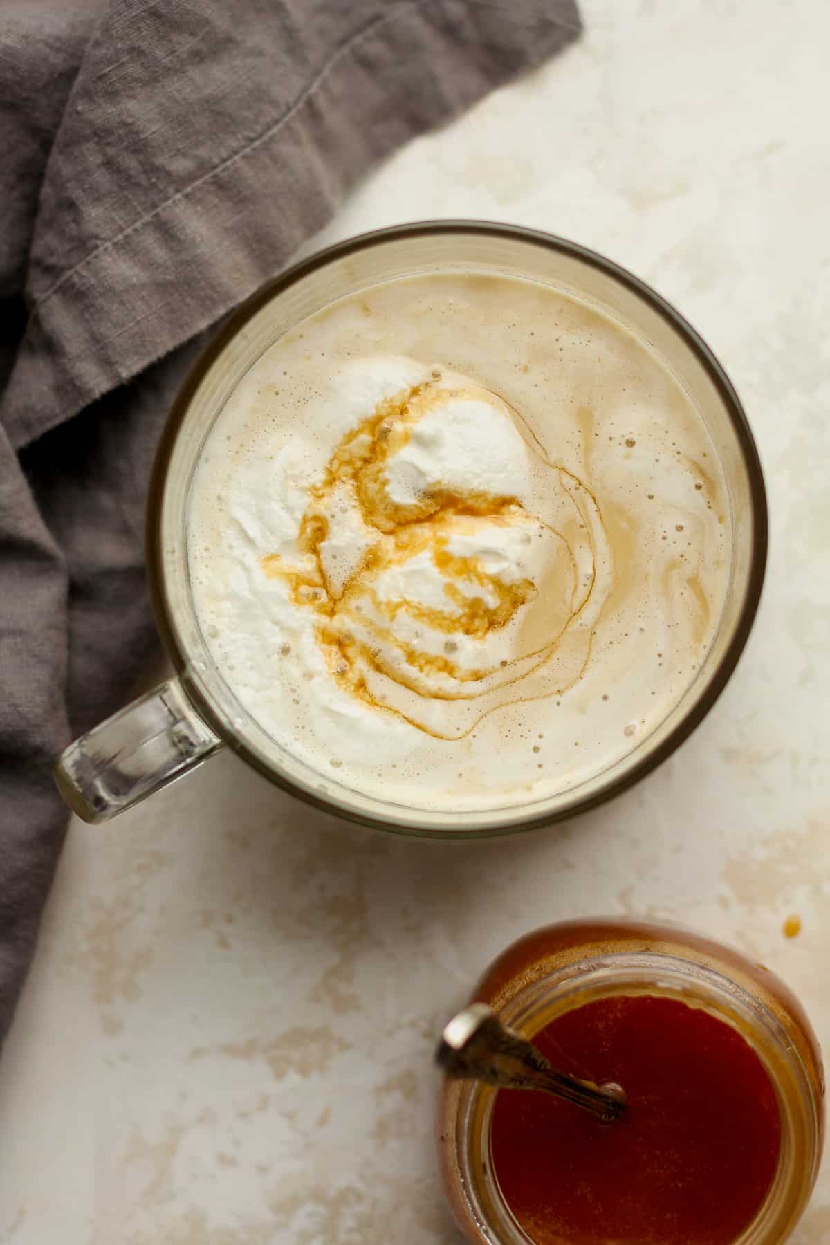 A large mug of a salted caramel latte.