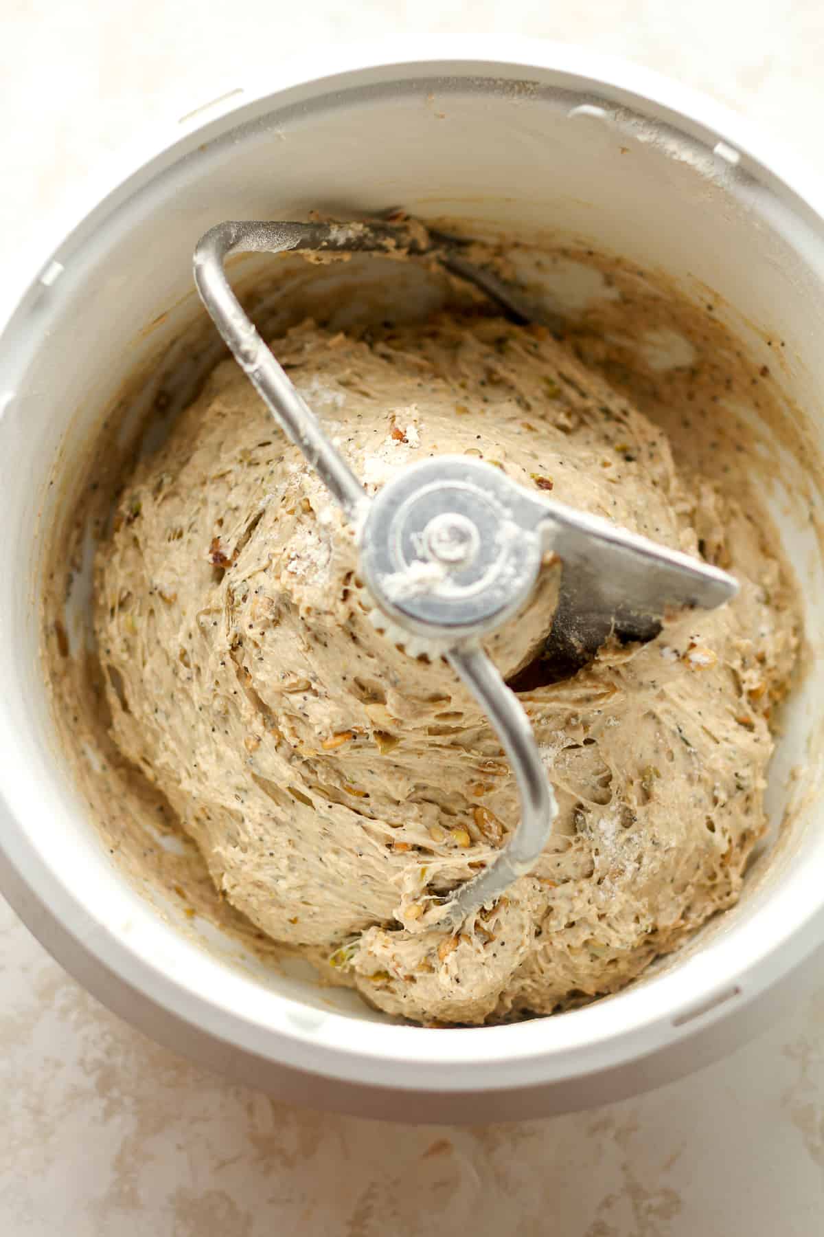 A mixer bowl with the multigrain dough.